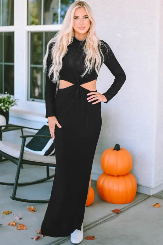 Black ribbed twist cutout long sleeve dress - dresses