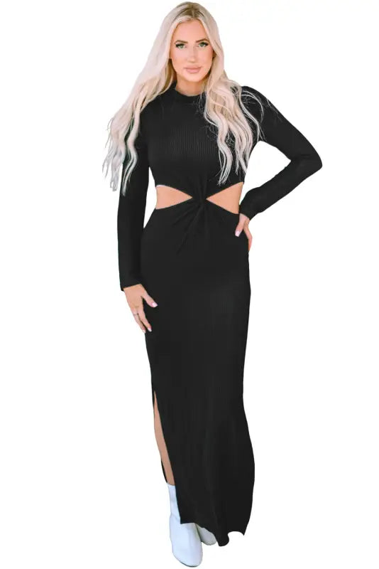 Black ribbed twist cutout long sleeve dress - dresses