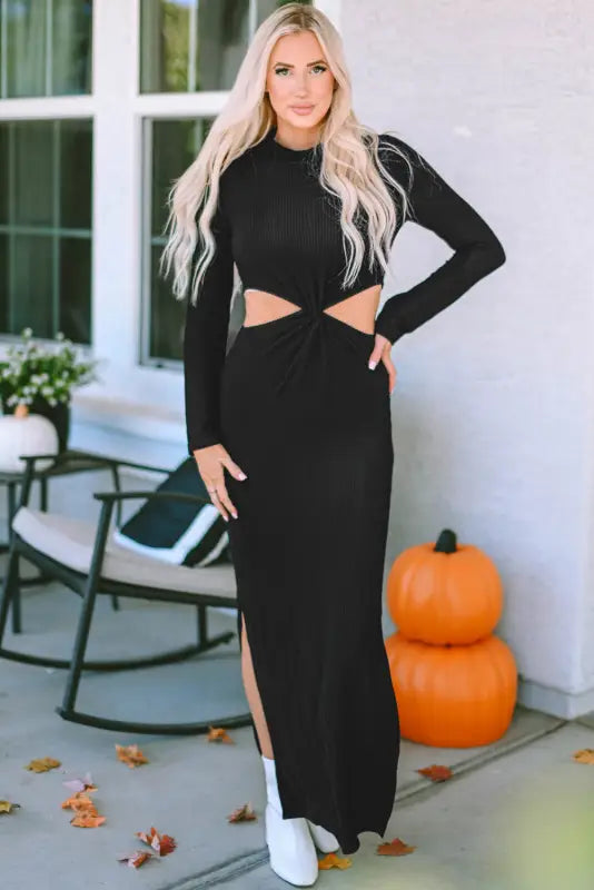 Black ribbed twist cutout long sleeve dress - s / 65% polyester + 30% viscose + 5% elastane - dresses