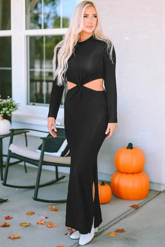 Black ribbed twist cutout long sleeve dress - dresses