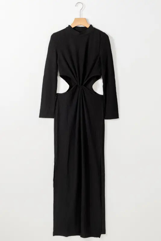 Black ribbed twist cutout long sleeve dress - dresses