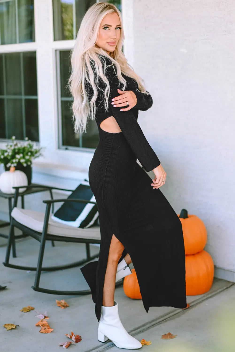 Black ribbed twist cutout long sleeve dress - dresses