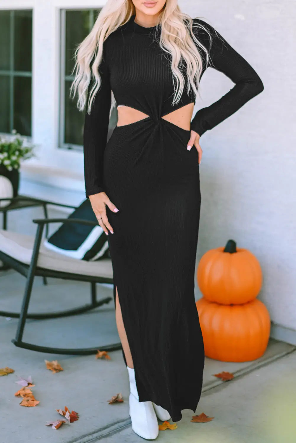 Black ribbed twist cutout long sleeve dress - dresses