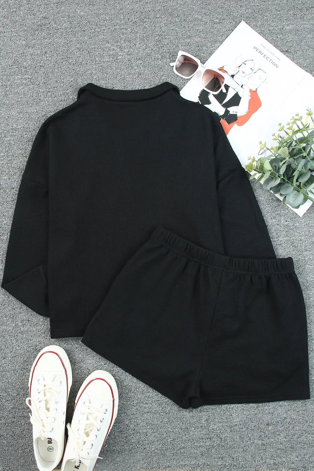 Black ribbed zipper sweatshirt and high waist shorts set - loungewear
