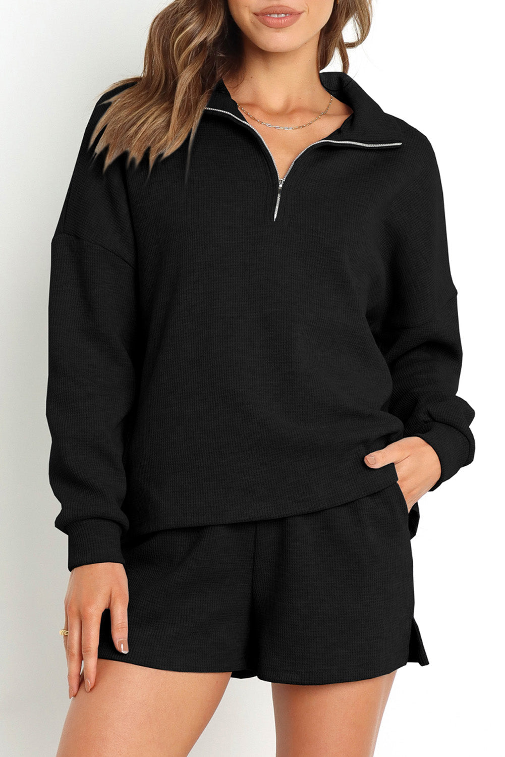 Black ribbed zipper sweatshirt and high waist shorts set - s / 60% cotton + 35% polyester + 5% elastane - loungewear