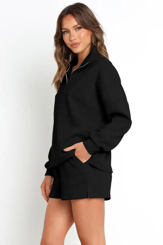 Black ribbed zipper sweatshirt and high waist shorts set - loungewear