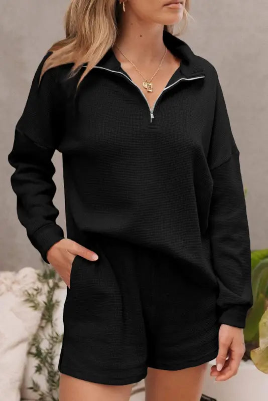 Black ribbed zipper sweatshirt and high waist shorts set - loungewear