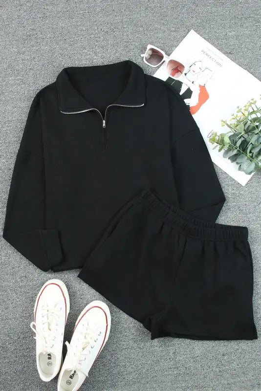 Black ribbed zipper sweatshirt and high waist shorts set - loungewear