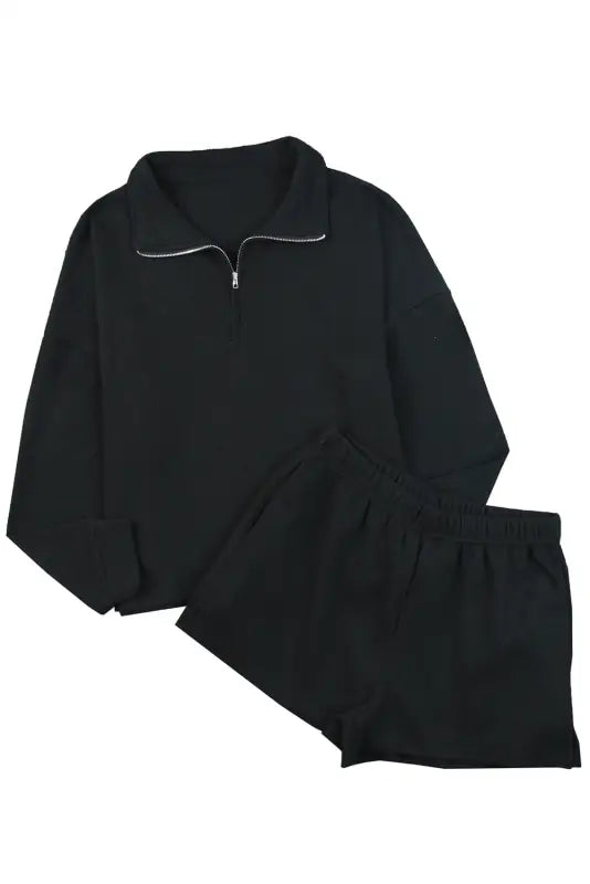 Black ribbed zipper sweatshirt and high waist shorts set - loungewear