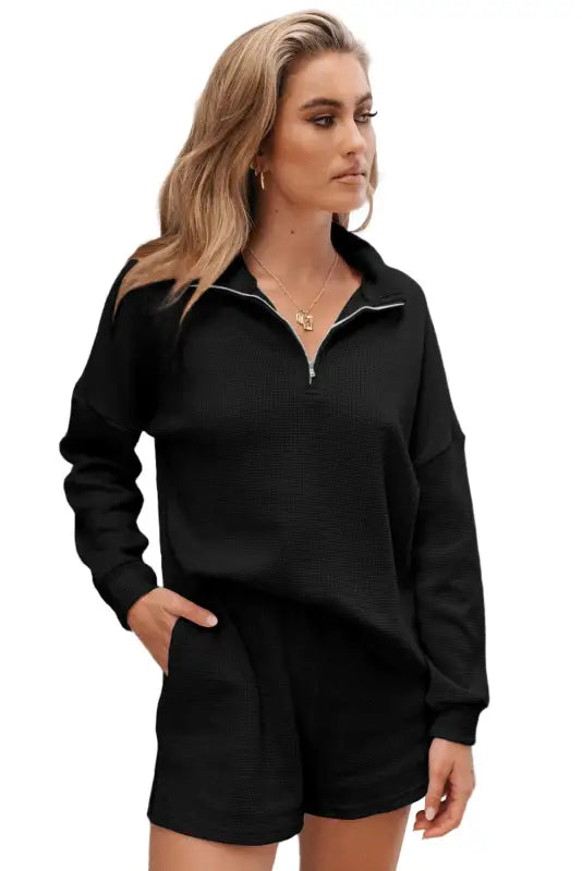 Black ribbed zipper sweatshirt and high waist shorts set - loungewear