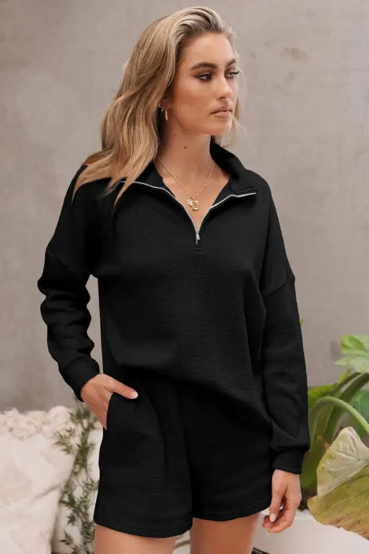 Black ribbed zipper sweatshirt and high waist shorts set - loungewear