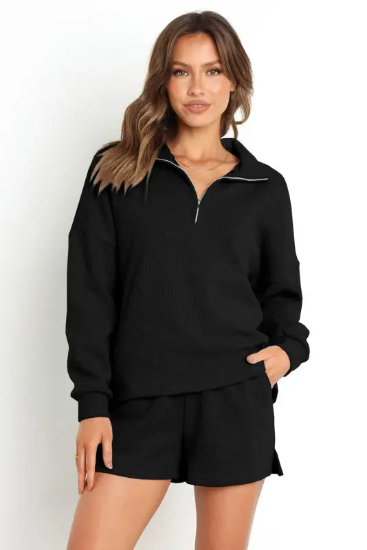 Black ribbed zipper sweatshirt and high waist shorts set - loungewear