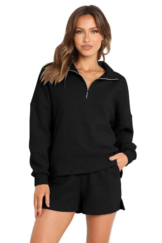 Black ribbed zipper sweatshirt and high waist shorts set - loungewear