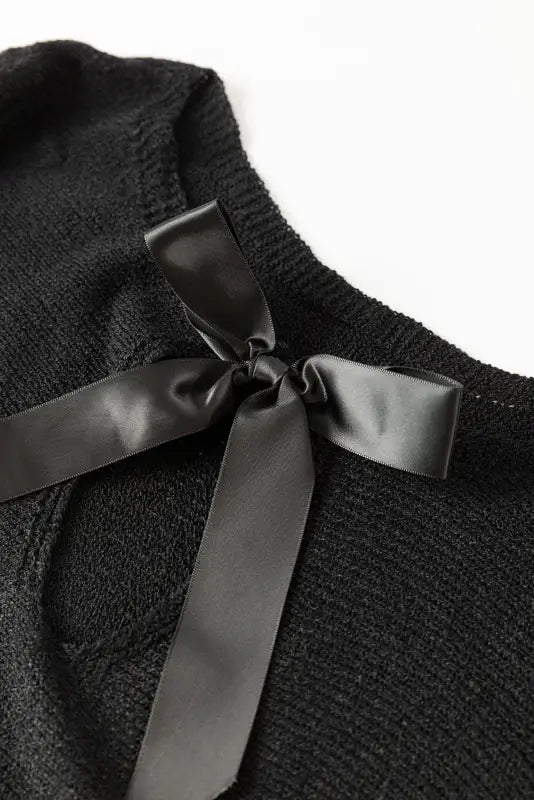 Black ribbon bow knot dolman sleeve sweater - tops