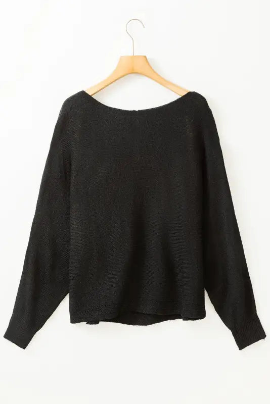 Black ribbon bow knot dolman sleeve sweater - tops