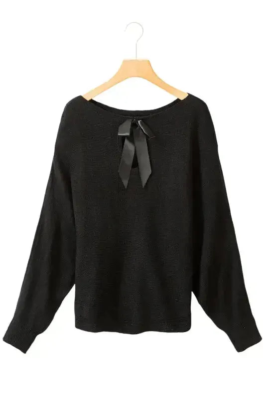 Black Ribbon Bow Knot Dolman Sleeve Sweater - Fashionfitz