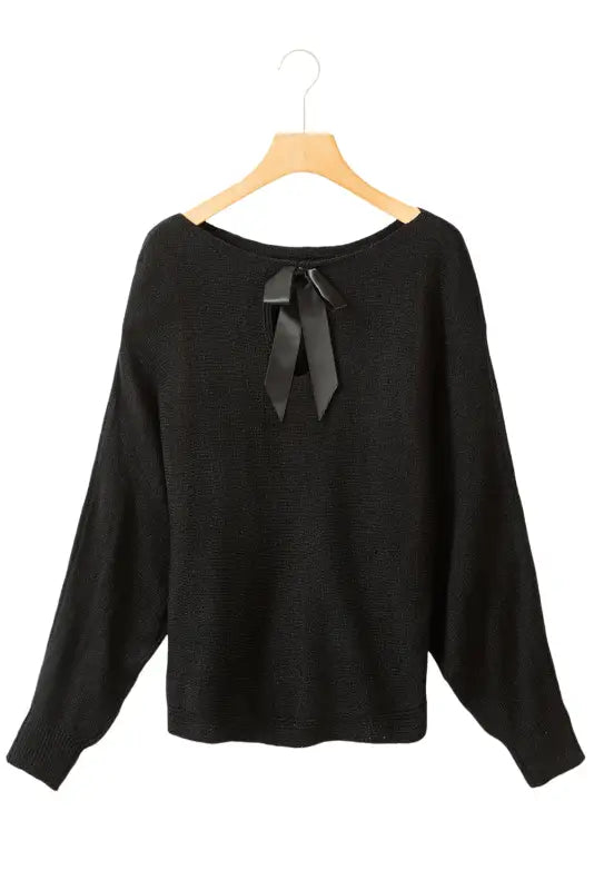 Black ribbon bow knot dolman sleeve sweater - tops