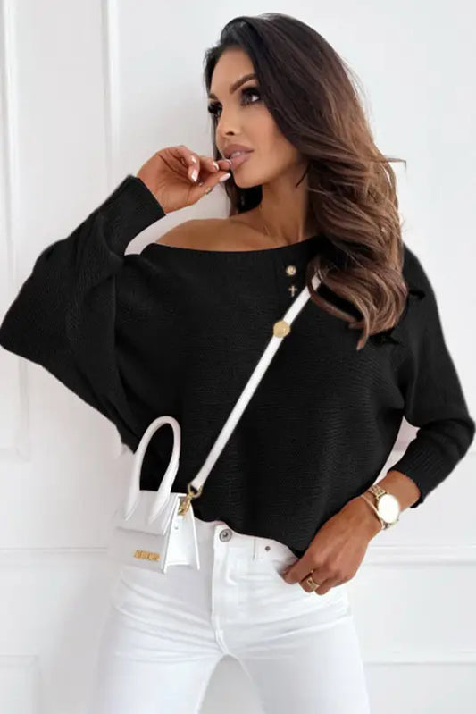 Black ribbon bow knot dolman sleeve sweater - tops