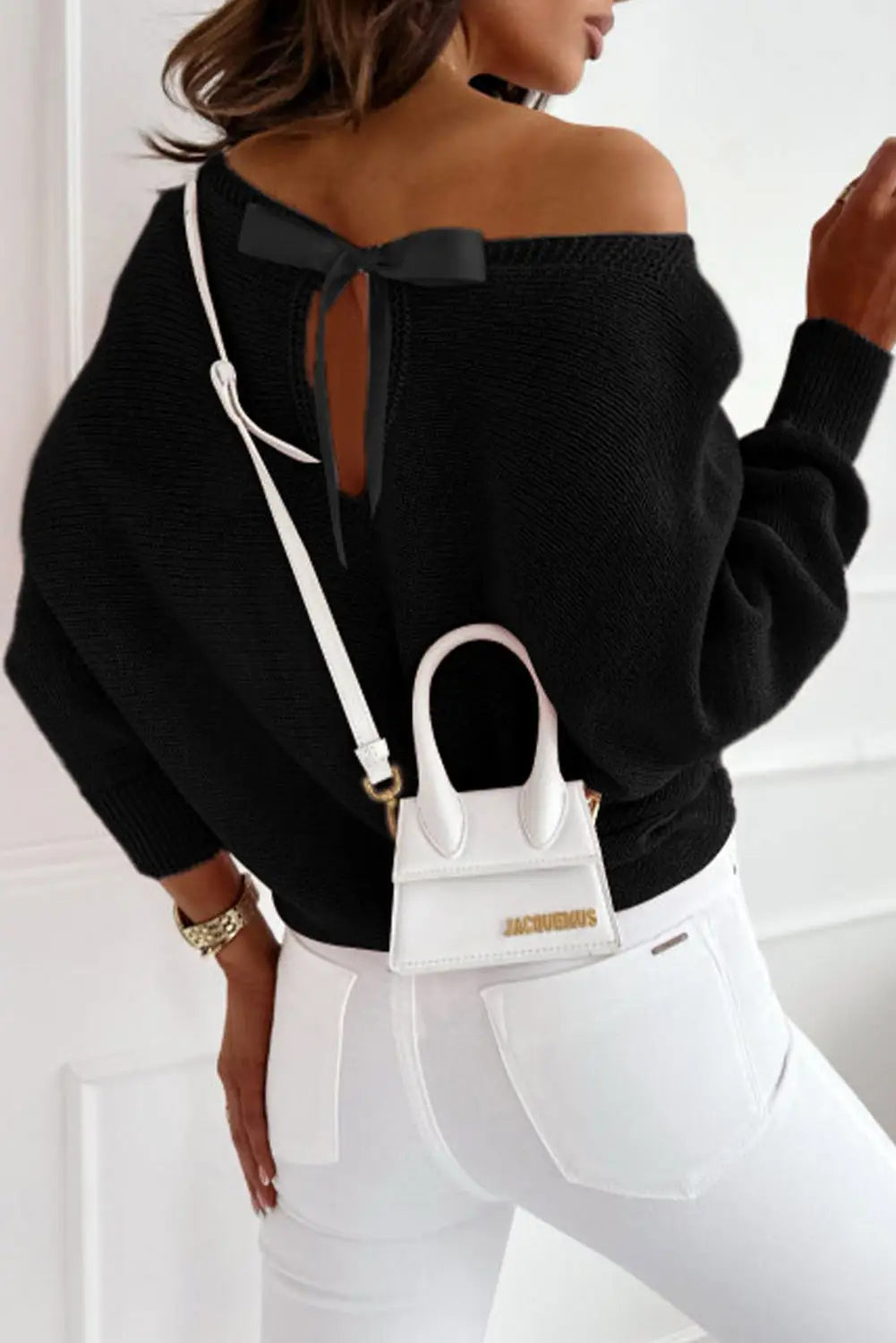 Black ribbon bow knot dolman sleeve sweater - s / 100% acrylic - sweaters & cardigans