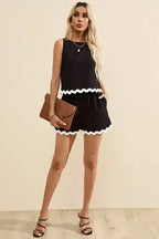 Black Ricrac Trim Tank Top & Shorts Set - Fashionfitz