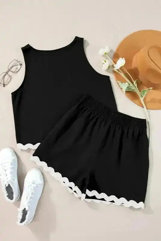 Black Ricrac Trim Tank Top & Shorts Set - Fashionfitz