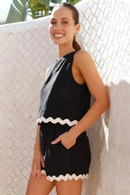 Black Ricrac Trim Tank Top & Shorts Set - Fashionfitz