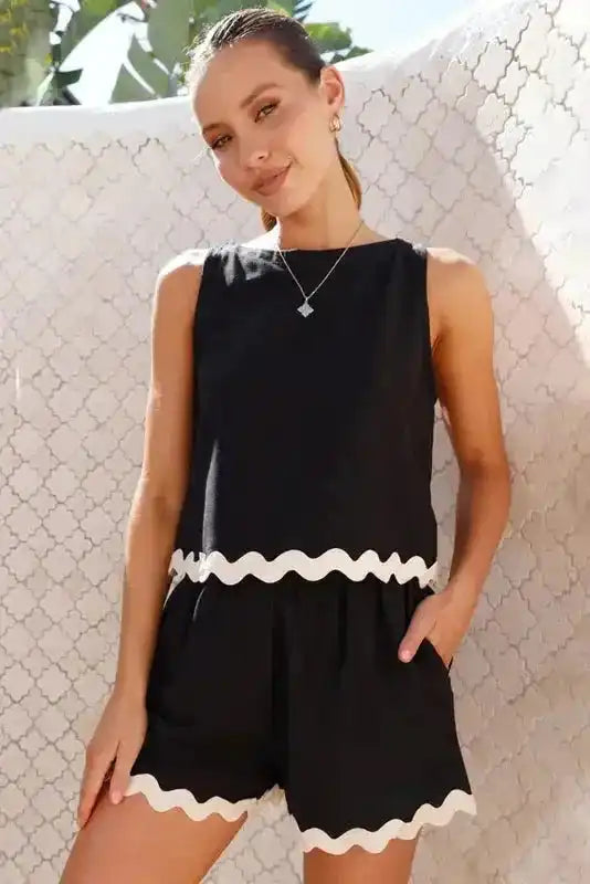 Black Ricrac Trim Tank Top & Shorts Set - Fashionfitz