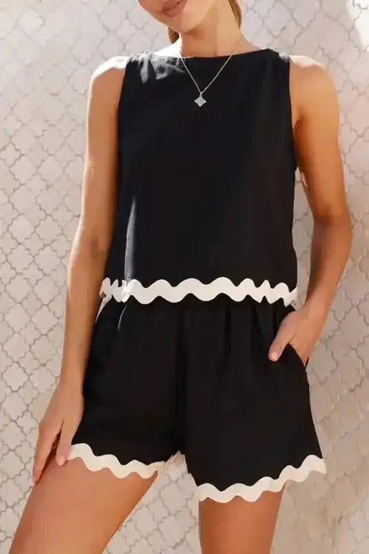 Black Ricrac Trim Tank Top & Shorts Set - Fashionfitz