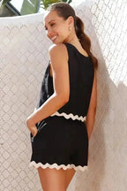 Black Ricrac Trim Tank Top & Shorts Set - Fashionfitz