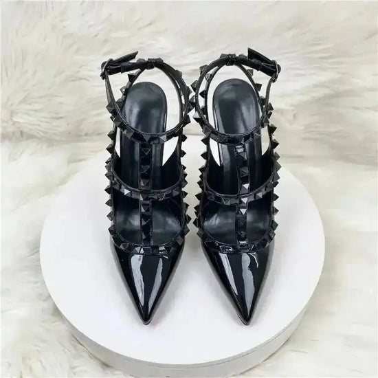Black Rivets High Heels Stiletto Roman Sandals - Fashionfitz