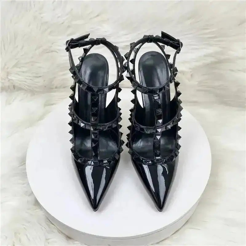 Black Rivets High Heels Stiletto Roman Sandals - Fashionfitz