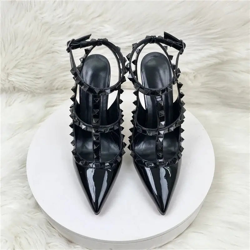 Black rivets high heels stiletto roman sandals - pumps