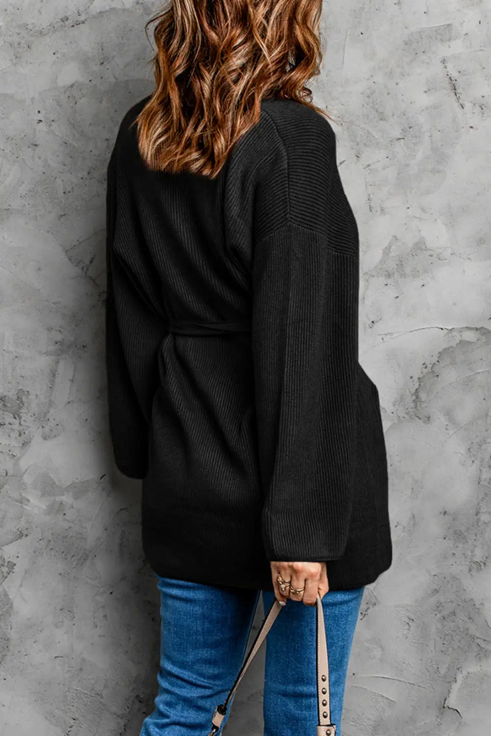 Black robe style rib knit pocketed cardigan with belt - sweaters & cardigans