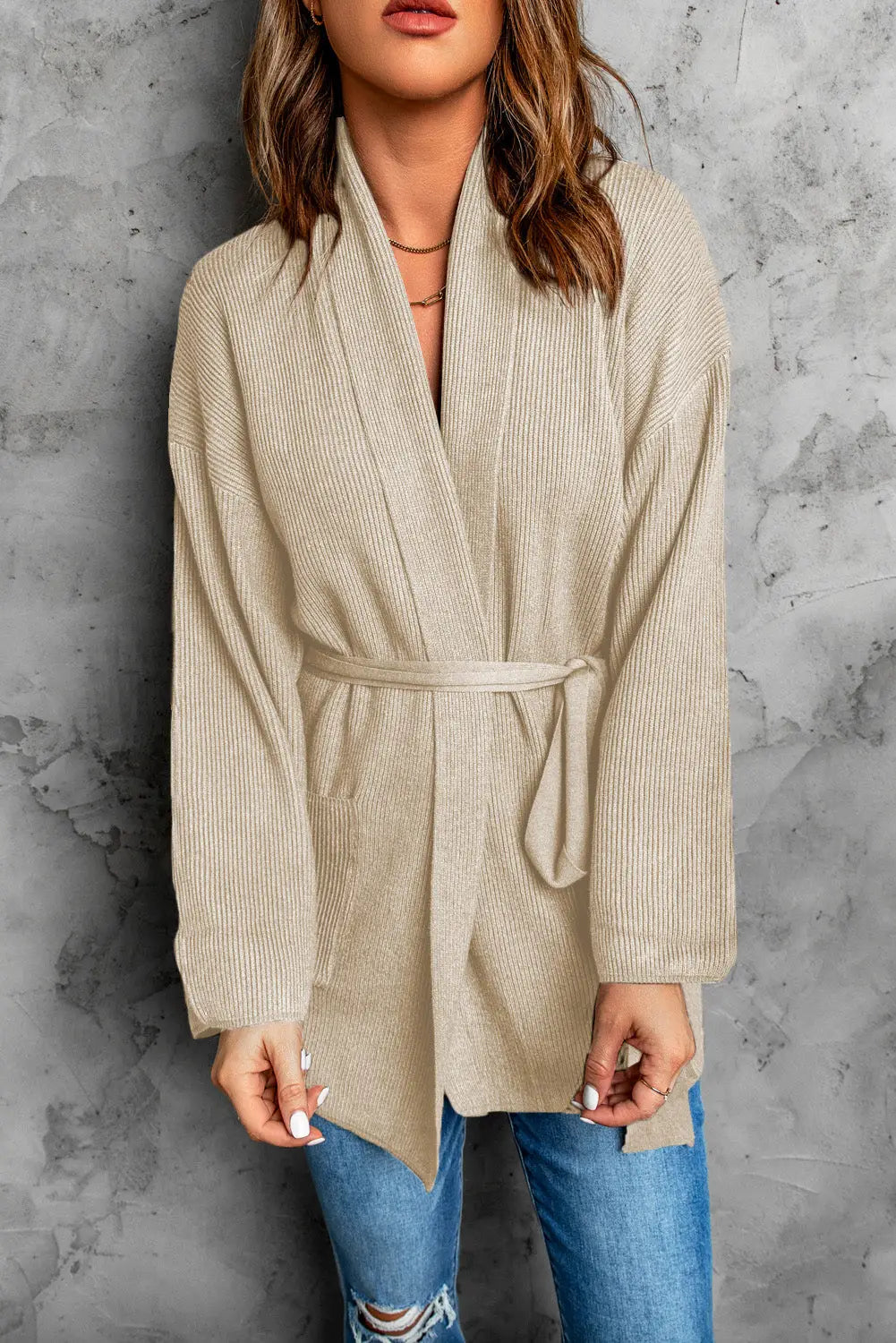 Black robe style rib knit pocketed cardigan with belt - sweaters & cardigans