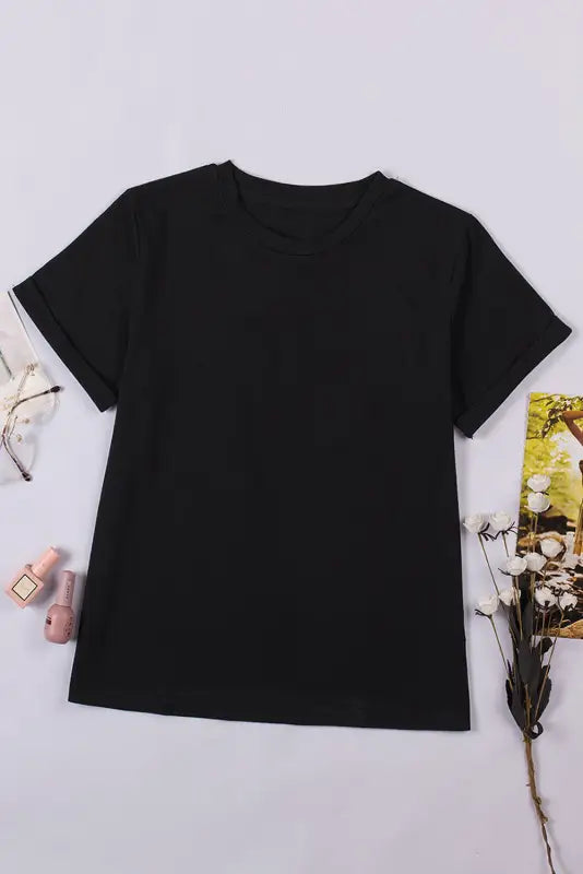 Black round neck rolled sleeve plus size t-shirt