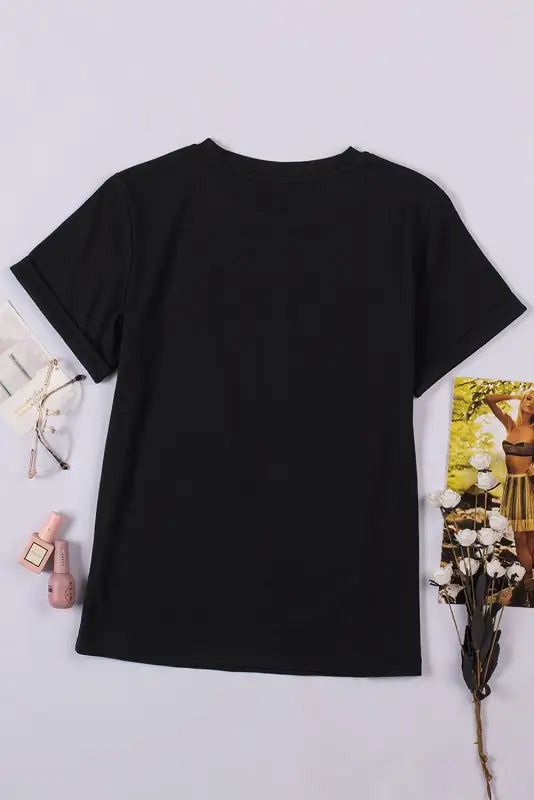 Black round neck rolled sleeve plus size t-shirt