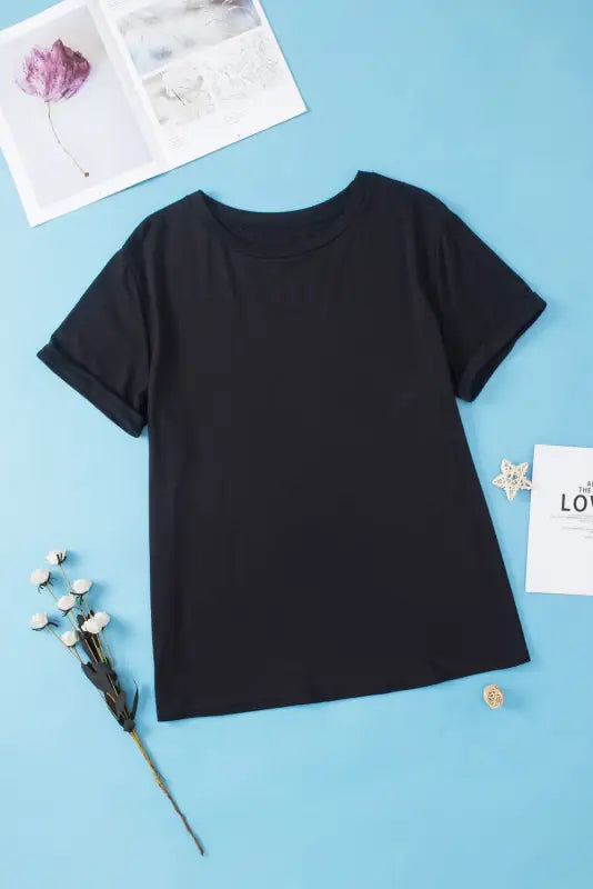 Black round neck rolled sleeve plus size t-shirt