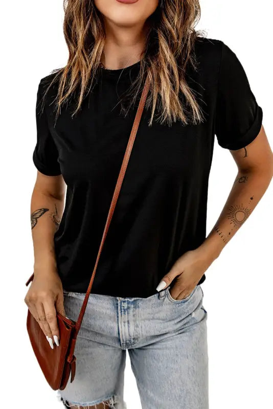 Black round neck rolled sleeve plus size t-shirt