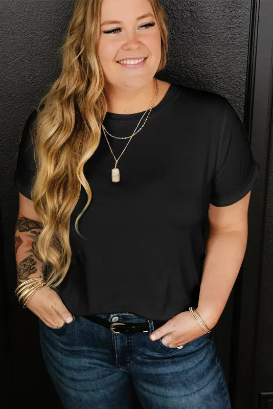 Black round neck rolled sleeve plus size t-shirt