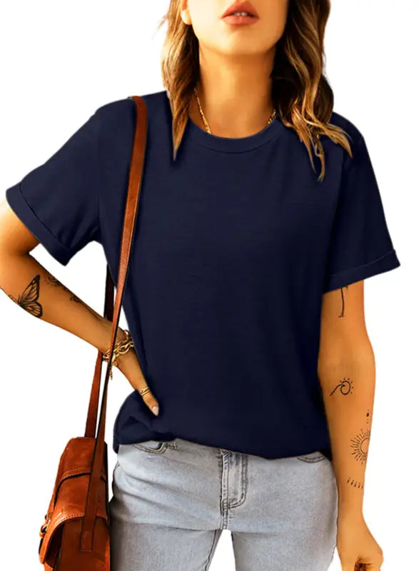 Black round neck rolled sleeve plus size t-shirt