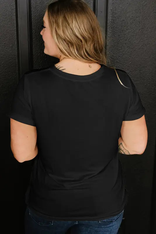 Black round neck rolled sleeve plus size t-shirt