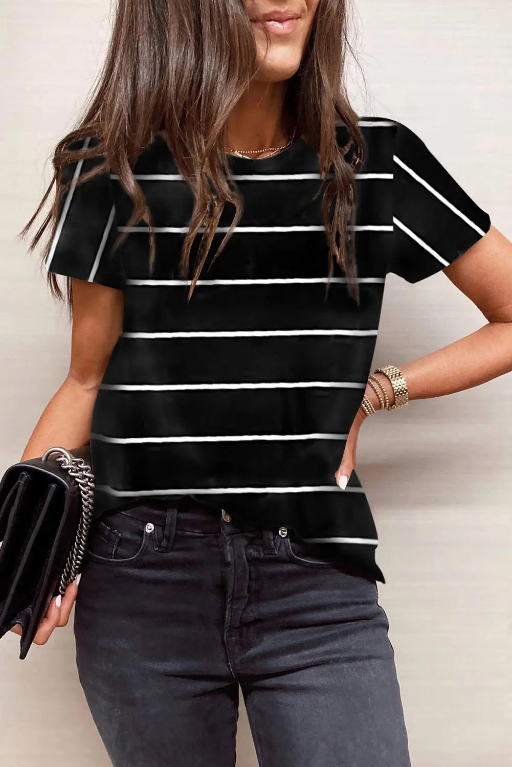 Black round neck striped print t-shirt - s / 95% polyester + 5% elastane - t-shirts