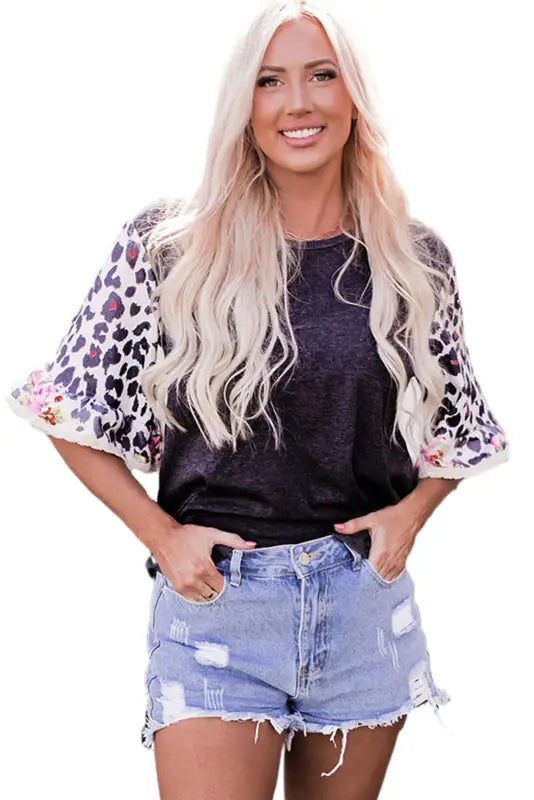 Black ruffle bell sleeve leopard floral patchwork top - t-shirts