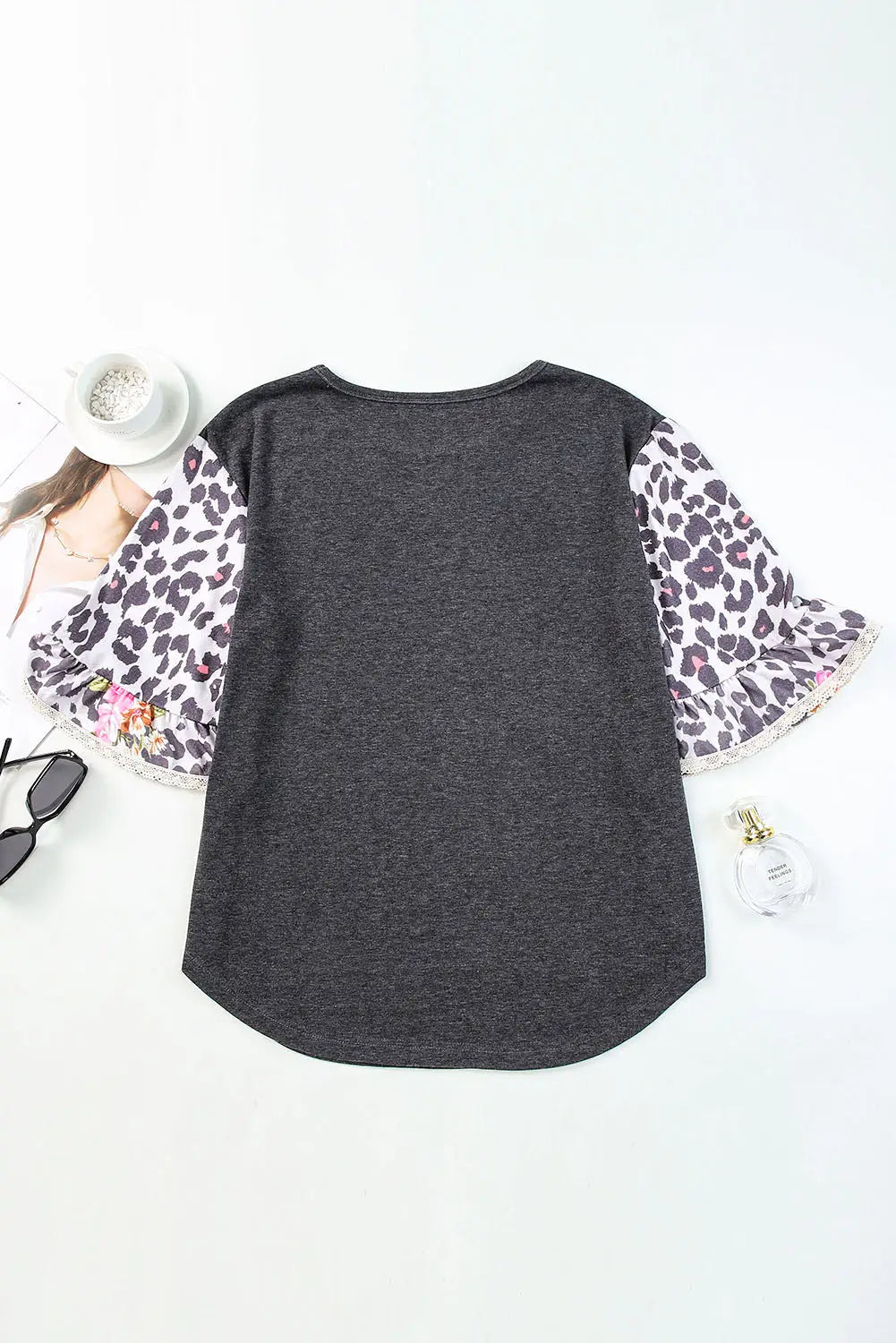 Black ruffle bell sleeve leopard floral patchwork top - t-shirts