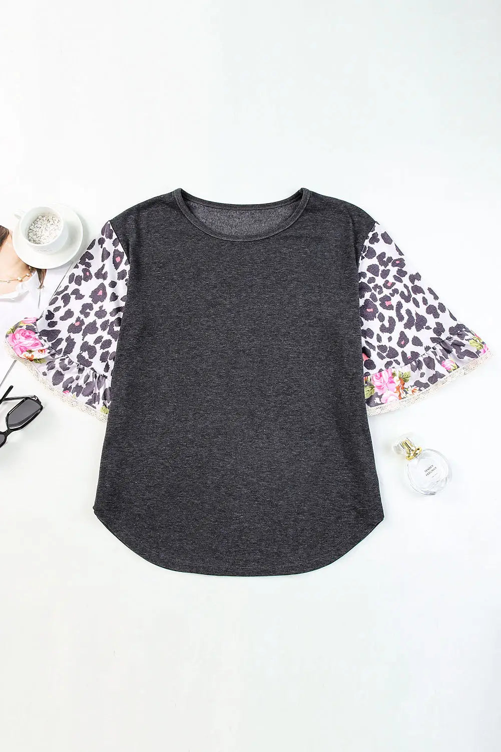 Black ruffle bell sleeve leopard floral patchwork top - t-shirts