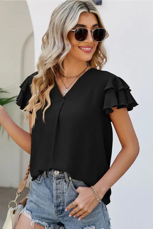 Black ruffle short sleeve blouse - tops/blouses & shirts