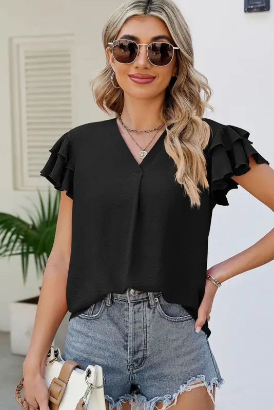 Black ruffle short sleeve blouse - tops/blouses & shirts