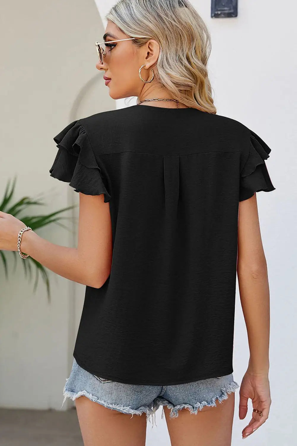 Black ruffle short sleeve blouse - tops/blouses & shirts