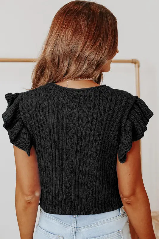 Black ruffle sleeve cable knit top - tops