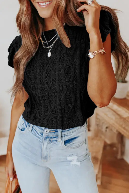 Black ruffle sleeve cable knit top - tops